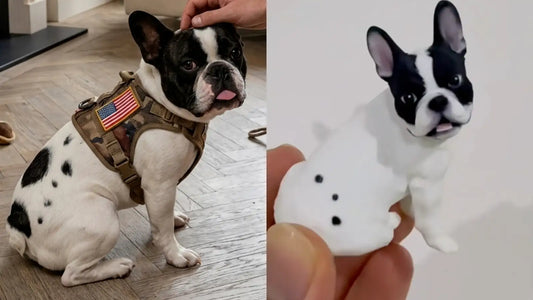 Black-and-white French Bulldog photo beside its custom 3D pet figurine held in hand