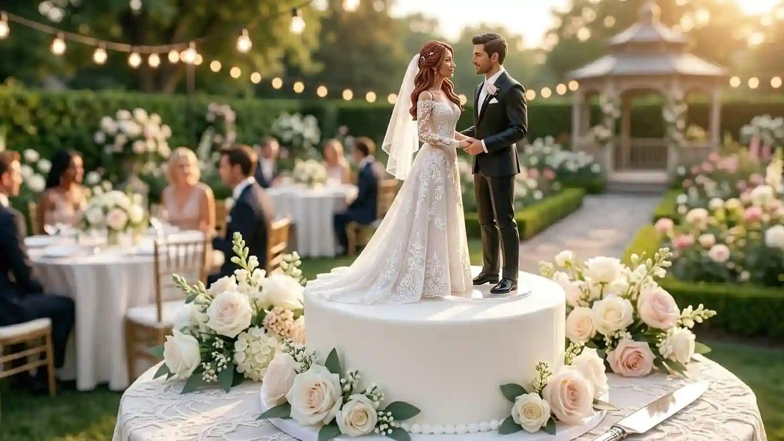 Custom 3D wedding cake topper figurine, bride and groom, with pet included in the scene
