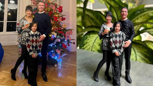 Family of four in holiday sweaters beside their custom 3D figurine, meaningful gift for a child