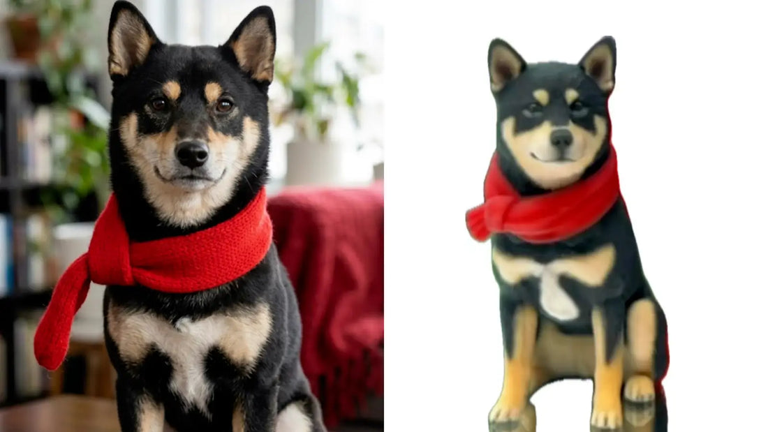 Shiba Inu wearing a red scarf beside its full-color 3D pet figurine, National Dog Day gift