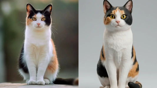 Calico cat photo beside its photorealistic custom 3D pet figurine, side by side comparison