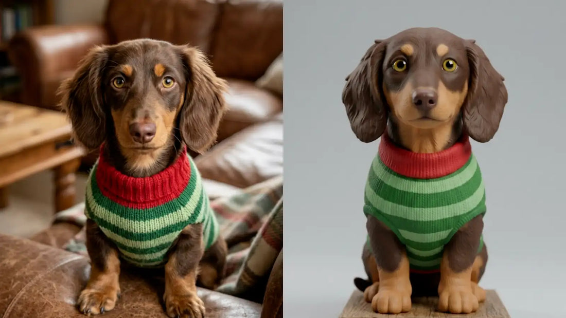 Dachshund in a knit sweater beside its full-color 3D figurine, showing the hand-sculpted detail behind the price