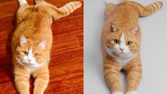 Orange tabby cat photo beside its custom 3D pet figurine in a relaxed pose