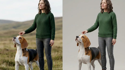 Original photo of a woman with her beagle beside the finished custom 3D figurine