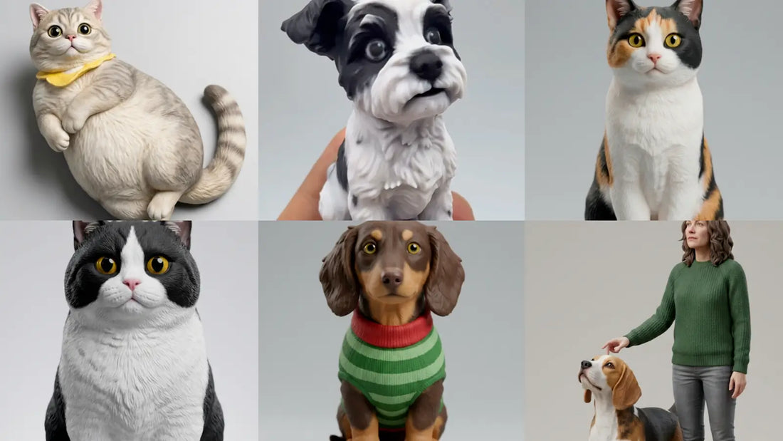 Collection of custom 3D pet figurines including cats, dogs, and an owner with pet