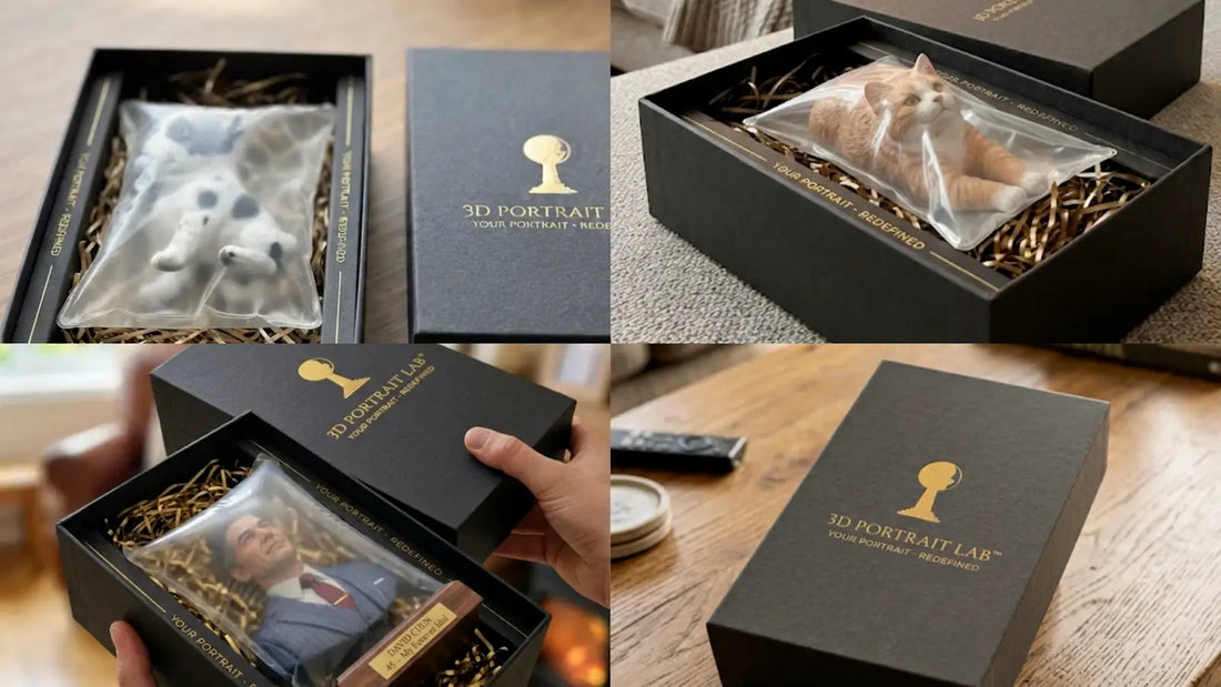 Custom 3D figurine packaged in a branded gift box, being opened