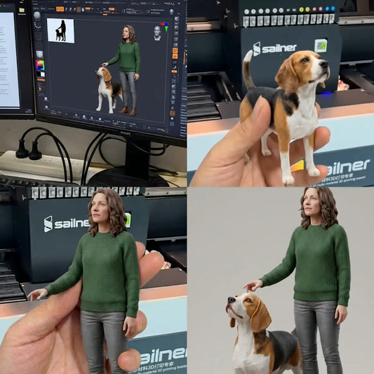 3D modeling software on screen beside a hand holding a finished custom figurine