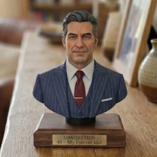 Custom portrait bust figurine of a distinguished older gentleman on an engraved wooden base