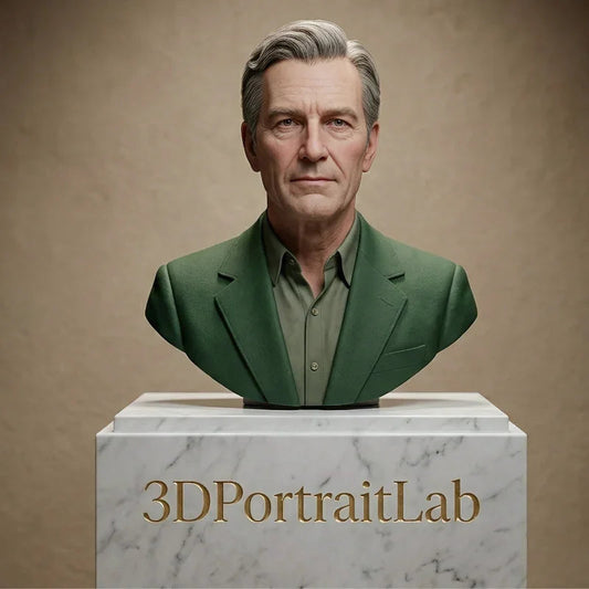 Executive portrait bust 3D figurine on rosewood base, corporate gift, branded packaging