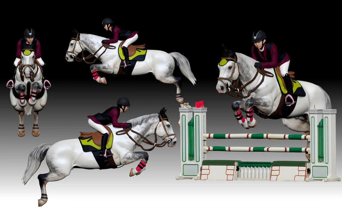 Custom 3D figurine of an equestrian rider jumping a horse over rails, full-color sports figurine sculpture — 3D Portrait Lab