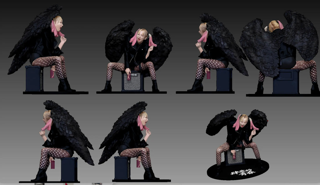 Custom 3D figurine of a girl with black angel wings in gothic style, full-color original character sculpture — 3D Portrait Lab