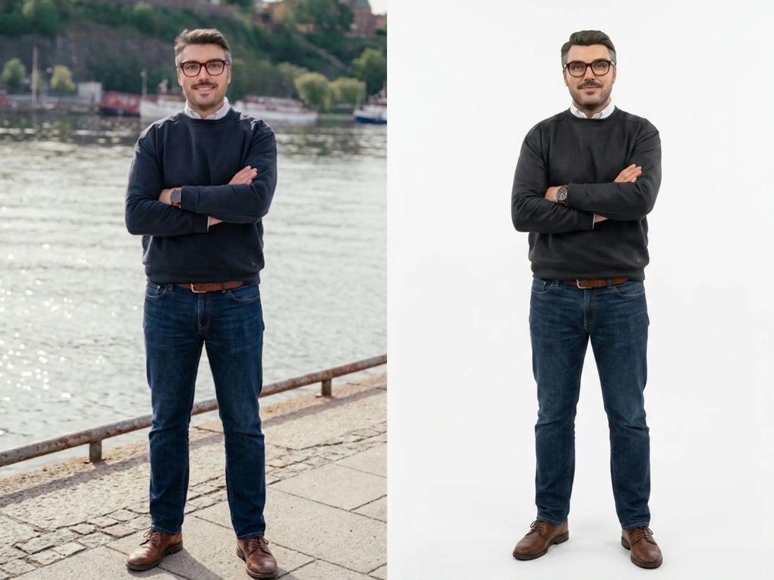 Custom 3D figurine vs original photo — man wearing glasses, before and after comparison — 3D Portrait Lab