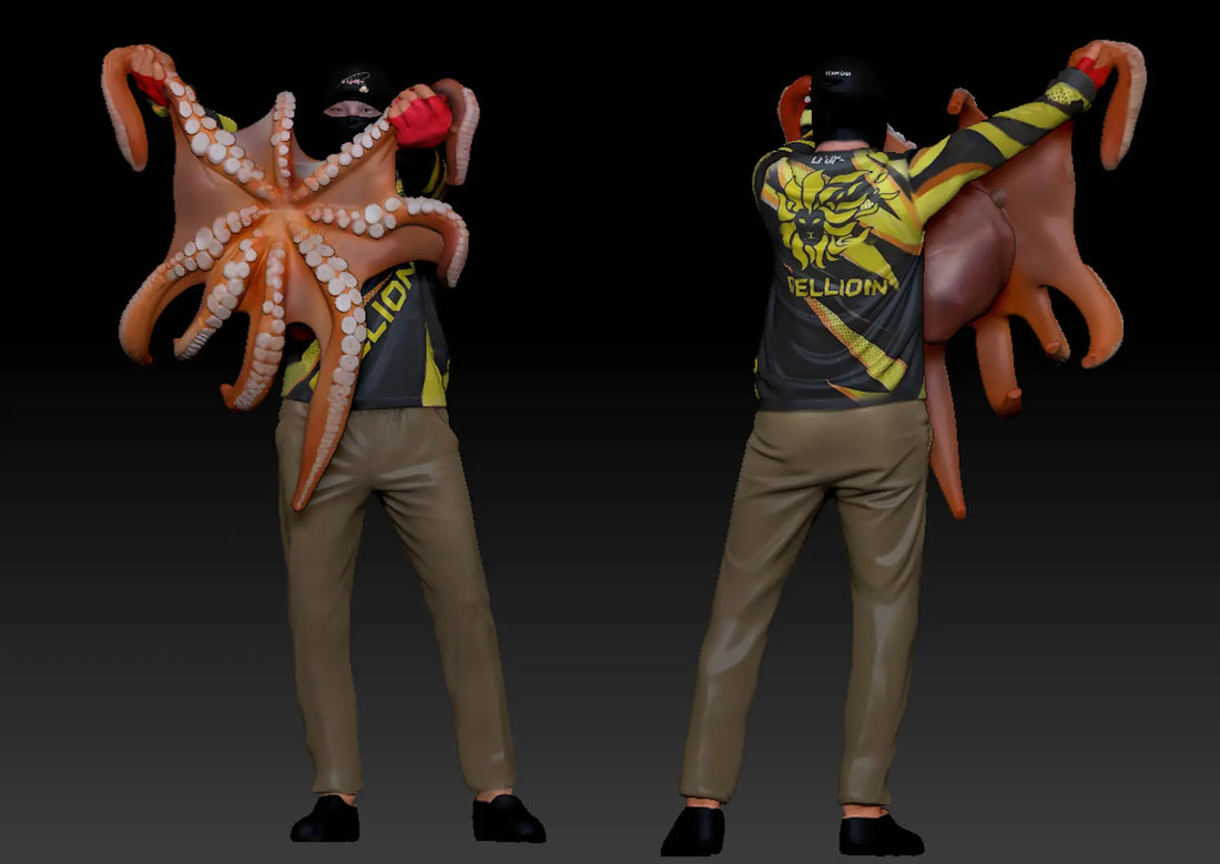 Custom 3D figurine of a man holding a giant octopus catch over his shoulder, full-color novelty sculpture — 3D Portrait Lab