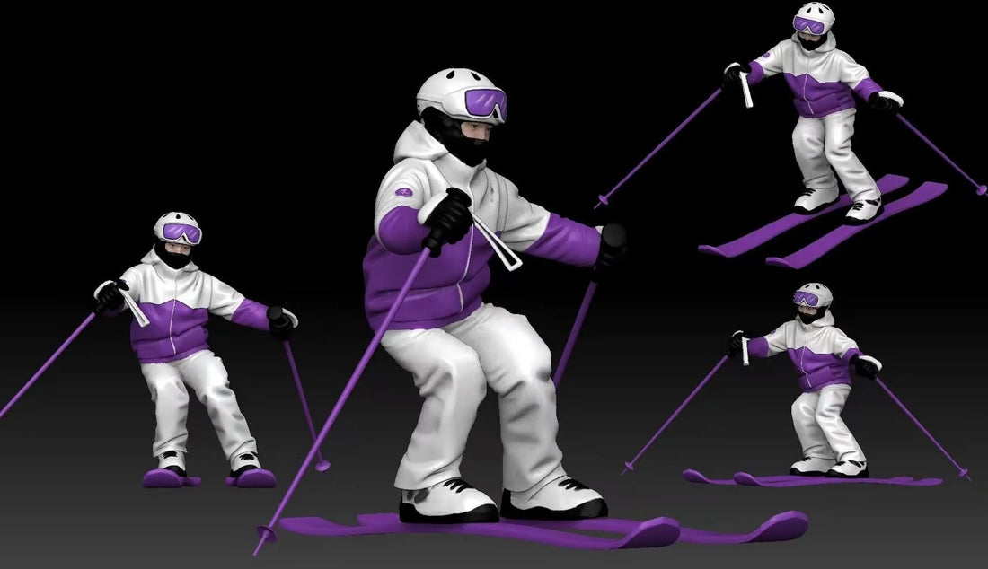 Custom 3D figurine of a skier in purple and white gear with poles, full-color winter sports sculpture — 3D Portrait Lab