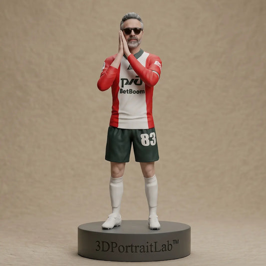 Custom 3D printed figurine of a man in a sports jersey, an example of a specific, personal keepsake kept on display rather than donated — 3D Portrait Lab