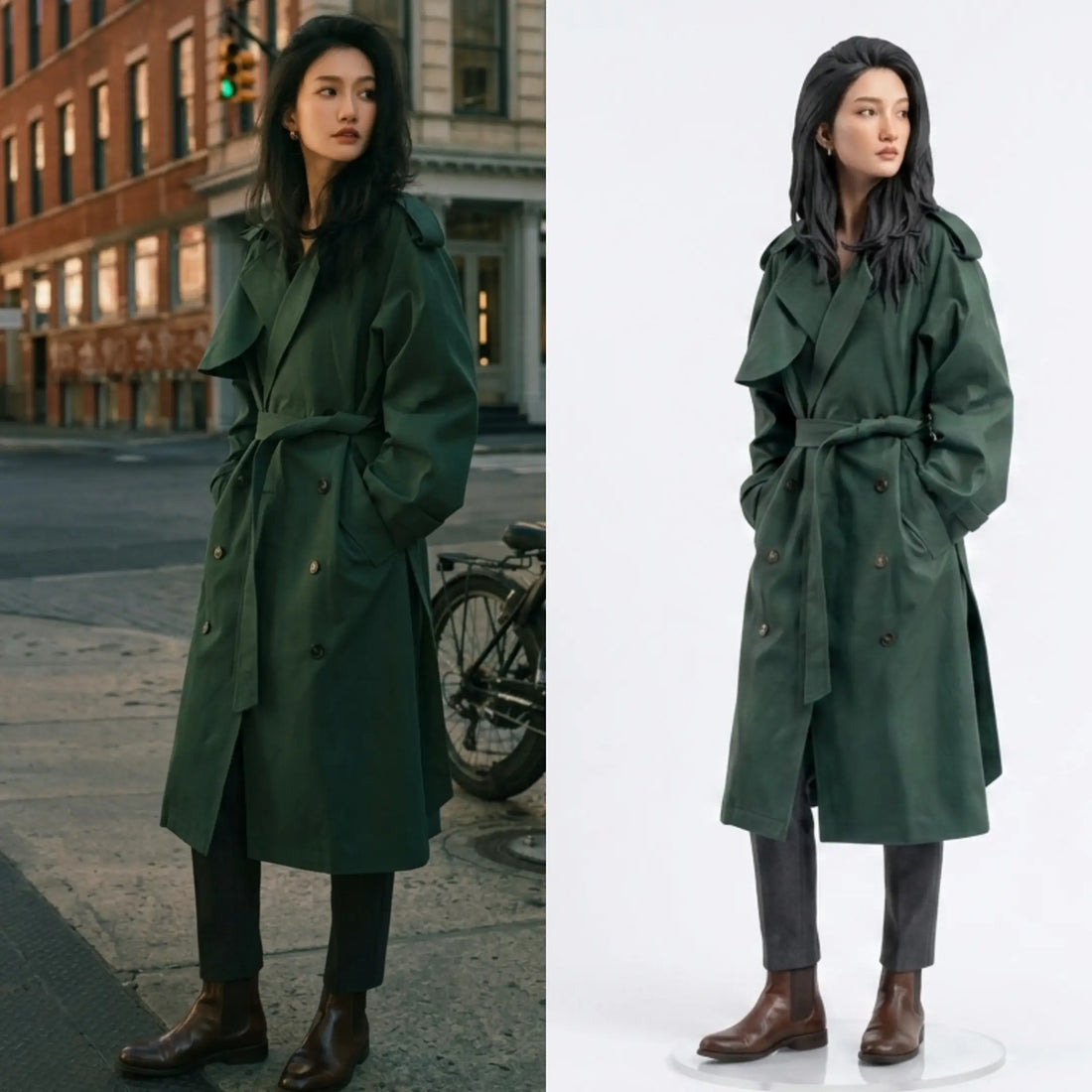 Before and after: photo of a woman in a dark green trench coat (left) and her matching full-color 3D figurine (right) — gift idea for a long-distance relationship