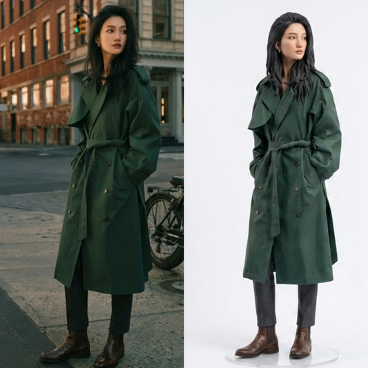 Before and after: photo of a woman in a dark green trench coat (left) and her matching full-color 3D figurine (right) — gift idea for a long-distance relationship