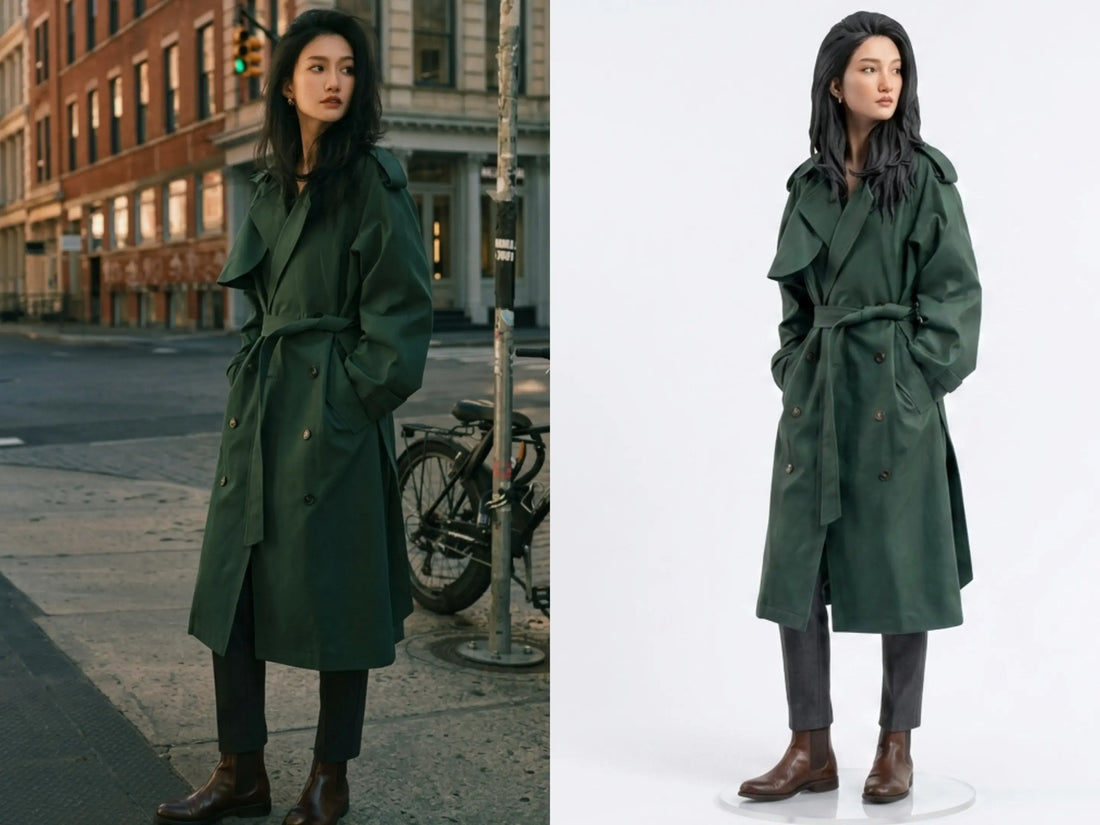 Custom 3D figurine vs original photo — woman in a green trench coat, before and after comparison — 3D Portrait Lab