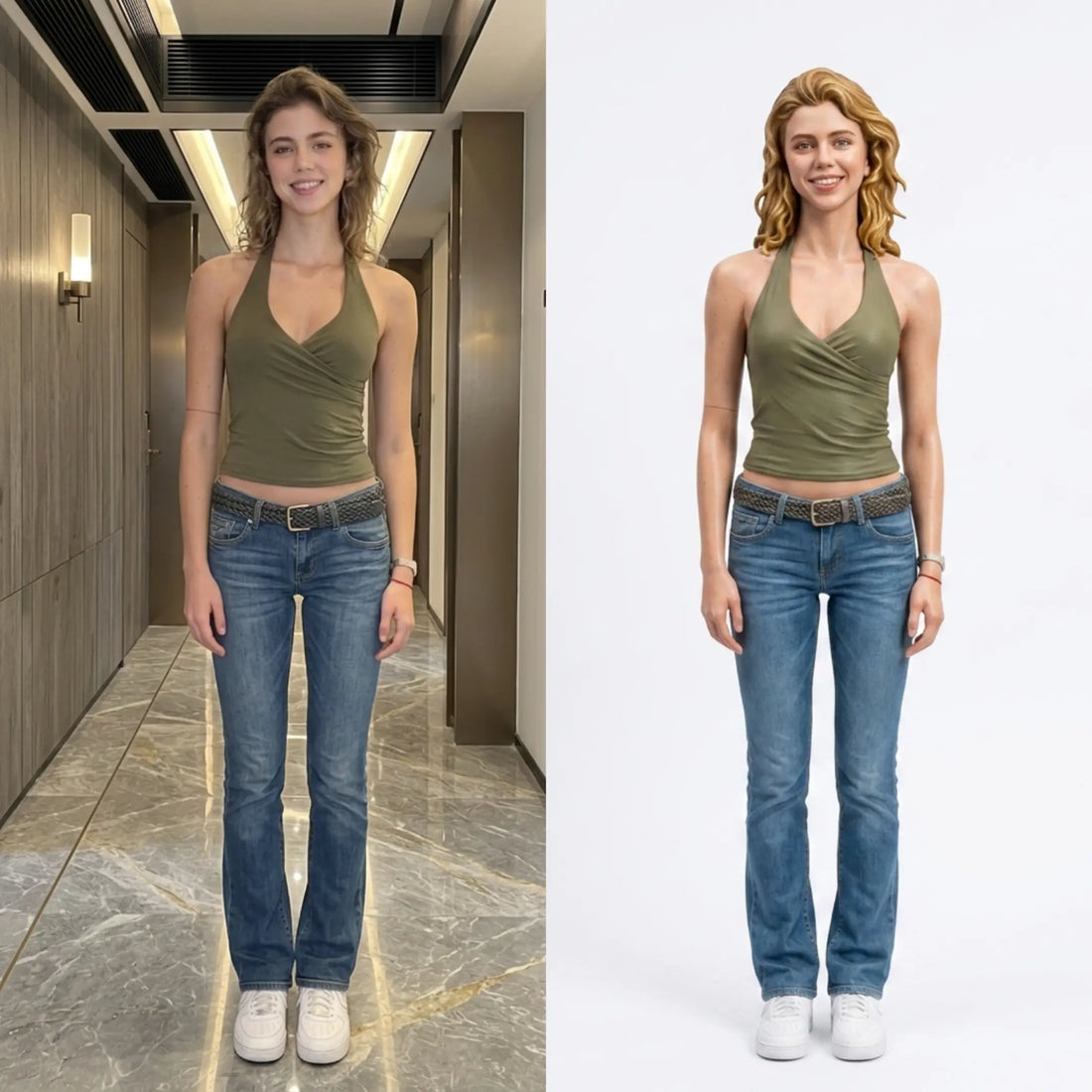 Custom 3D figurine vs original photo — woman in a halter top and jeans, before and after comparison — 3D Portrait Lab