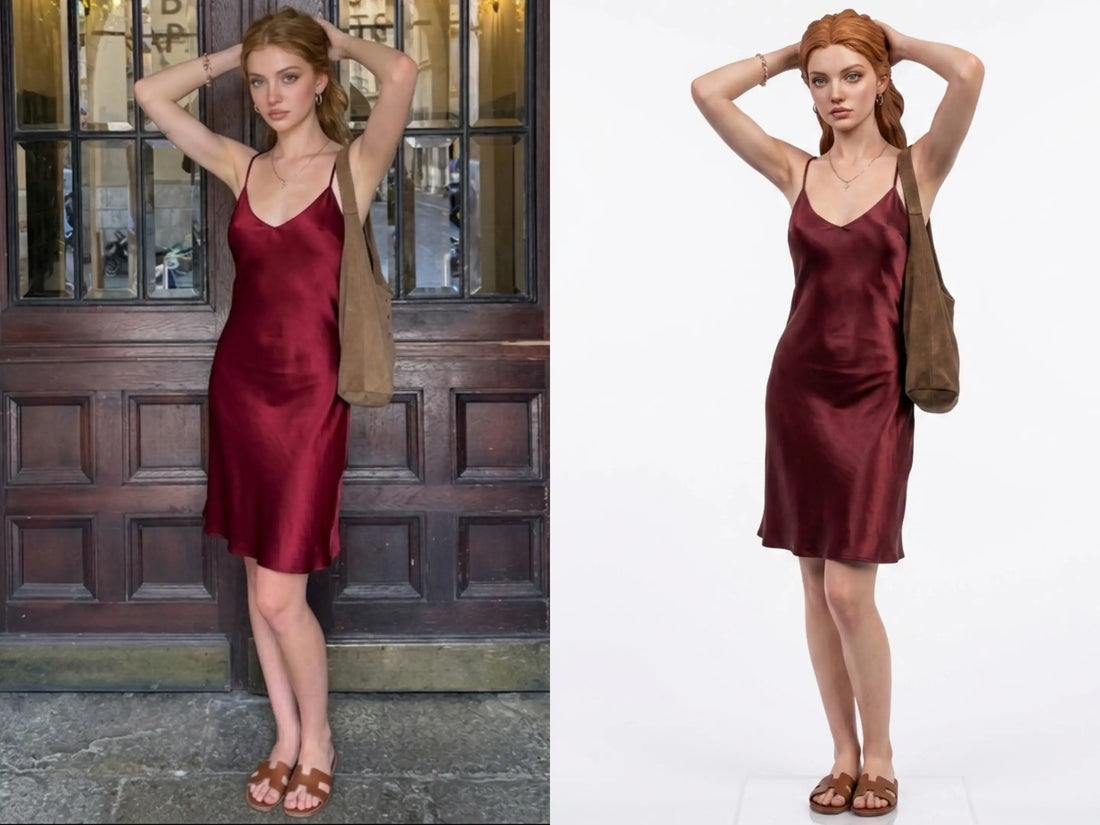 Custom 3D figurine vs original photo — woman in a red dress, self-portrait before and after comparison — 3D Portrait Lab