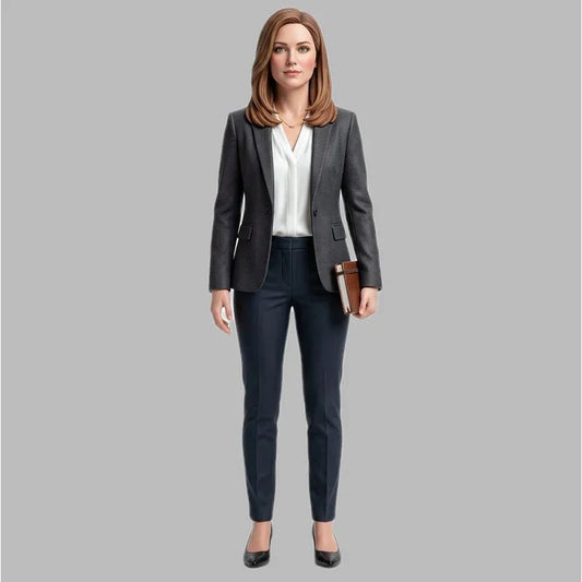 Custom 3D solo portrait figurine of a woman in professional attire, full-body