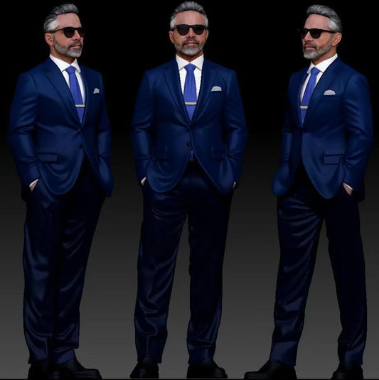 Custom 3D printed figurine of a man in a navy suit and sunglasses, shown from three angles — gift idea for a great boss