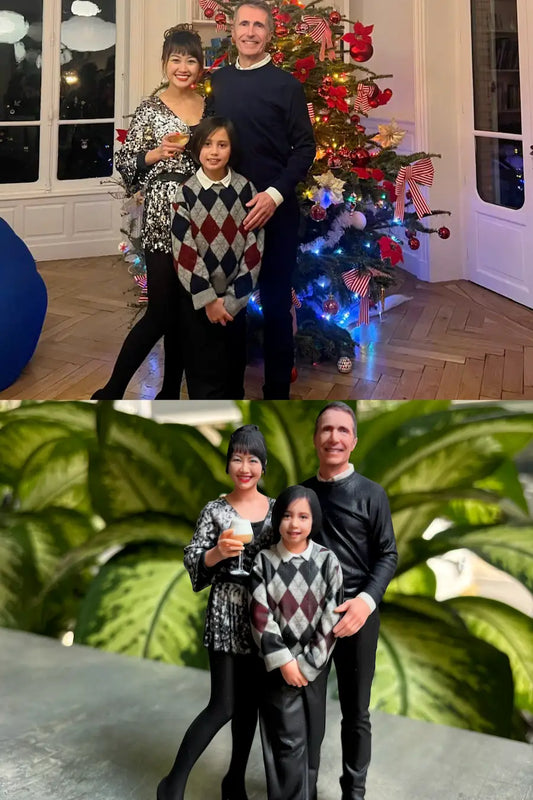 Family of three beside their custom 3D figurine