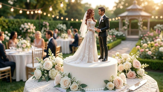 Custom 3D figurine wedding cake topper bride and groom on white cake