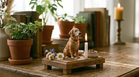 A custom pet memorial figurine displayed beside a sympathy card, a lasting keepsake after losing a pet