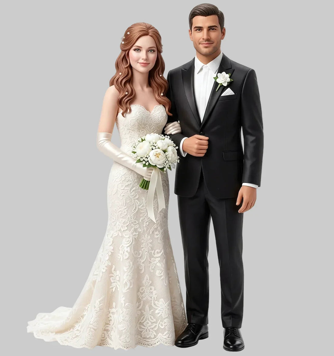 Personalized 3D couple wedding figurines side by side, full-color resin, WJP precision print