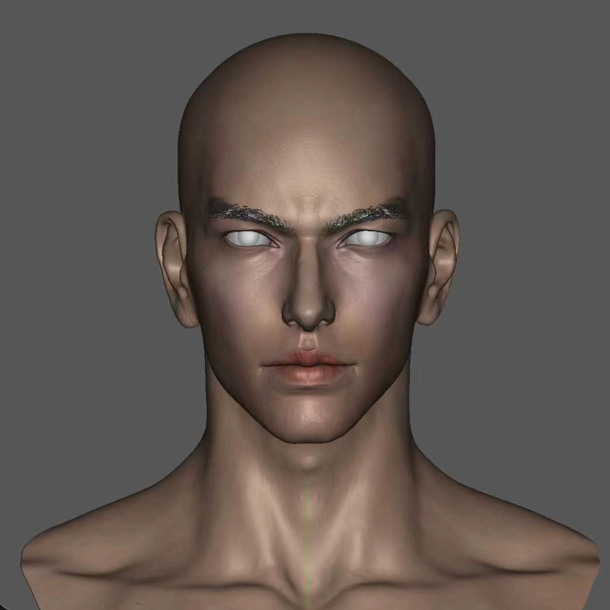 Digital 3D sculpt of a bald male head with blank white eyes, front view, work in progress — 3D Portrait Lab