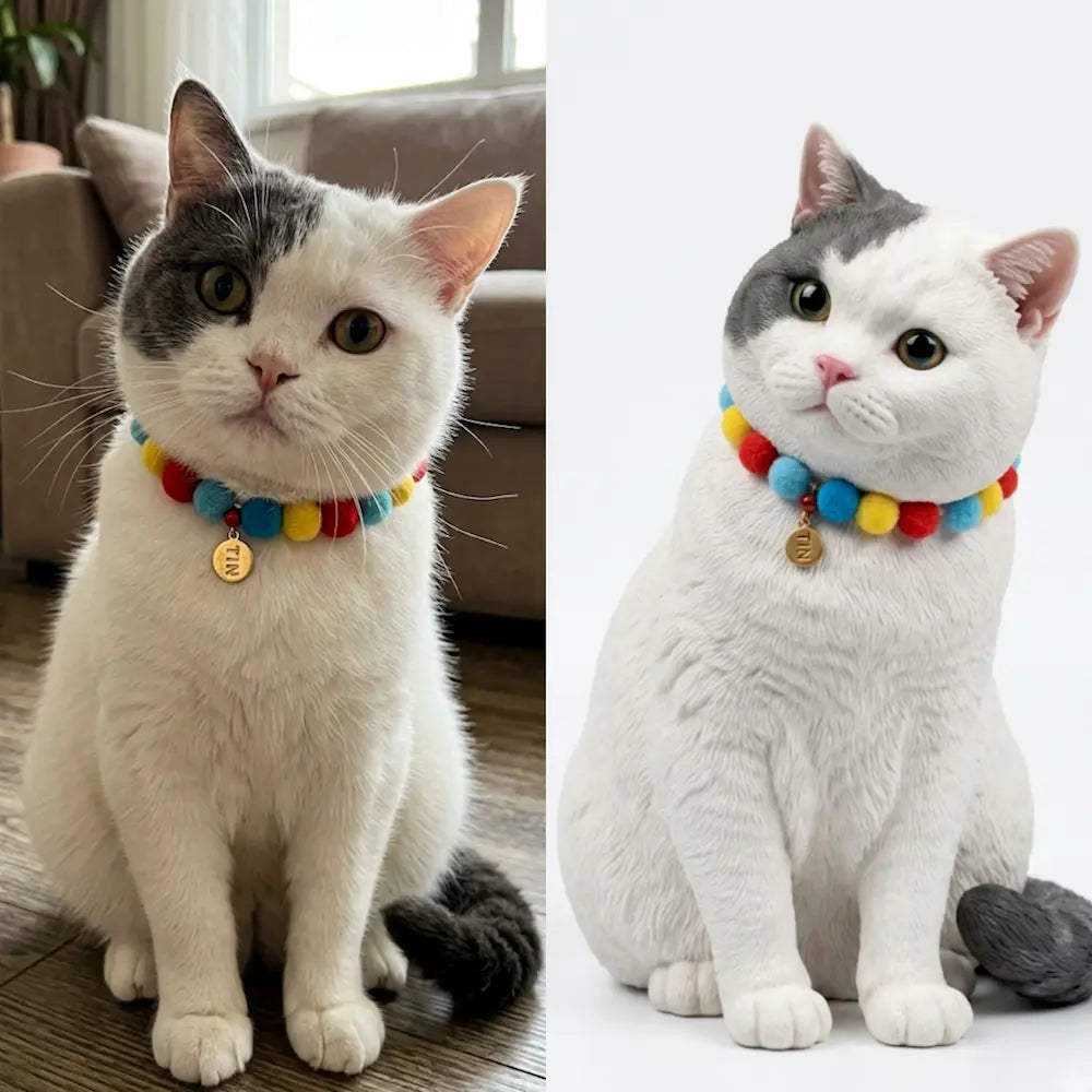 White and gray cat beside its custom 3D pet figurine wearing a colorful collar