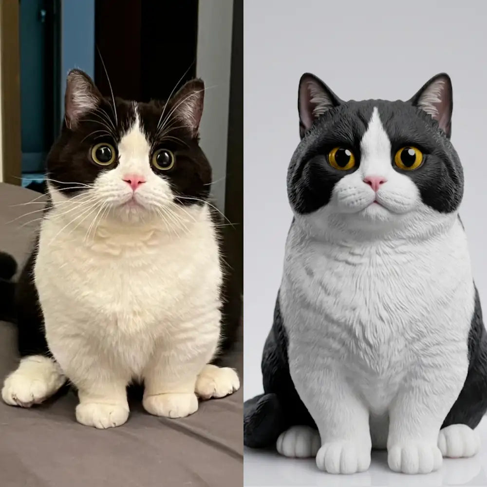 Photo and 3D figurine of a black and white tuxedo cat shown side by side