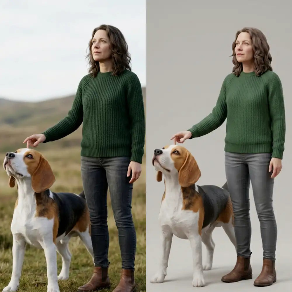 Woman in a green sweater petting a beagle beside its custom 3D pet figurine