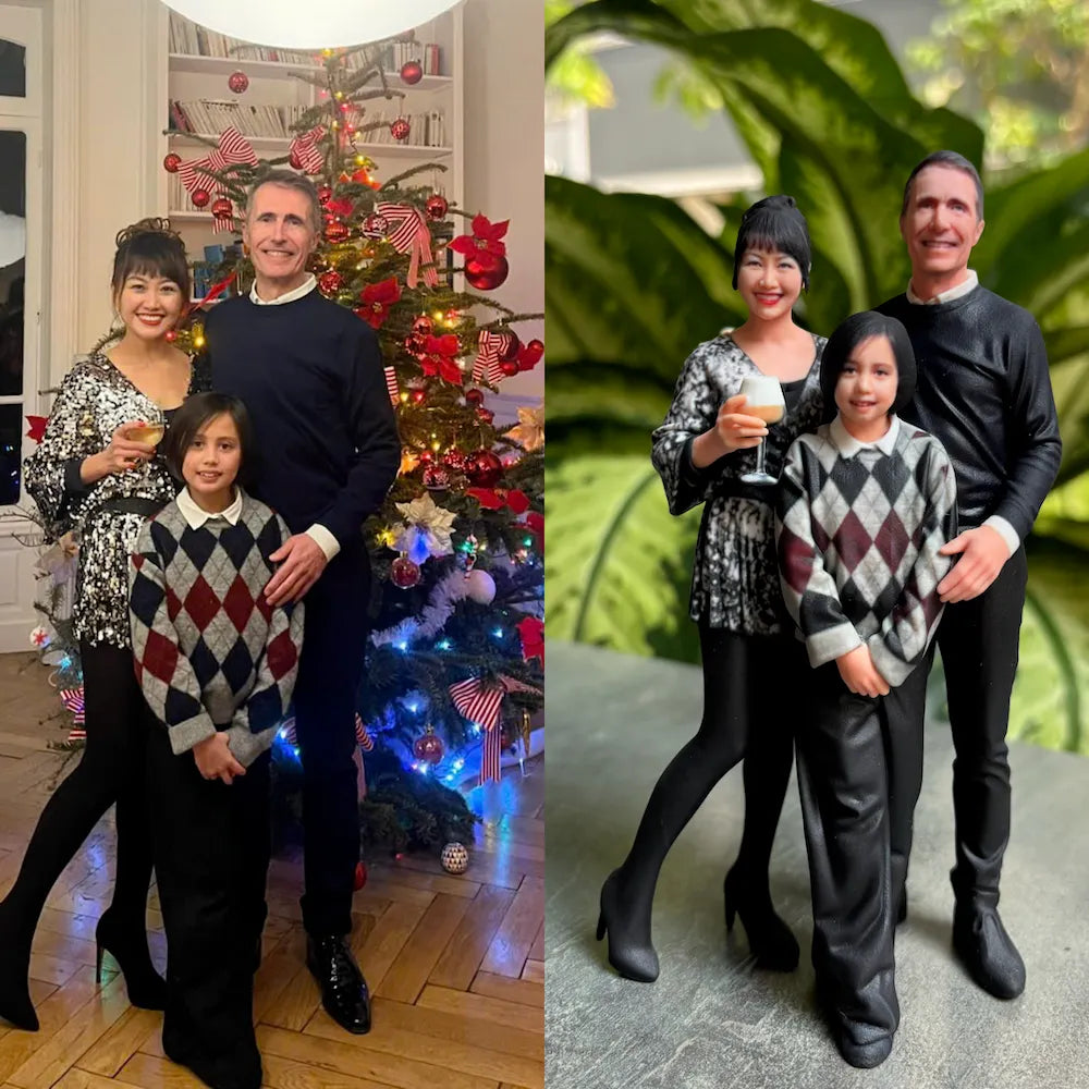 Original family photos by a Christmas tree used to create a custom 3D figurine