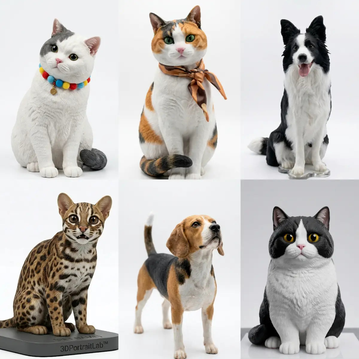 Set of custom 3D pet figurines of cats and dogs in full color