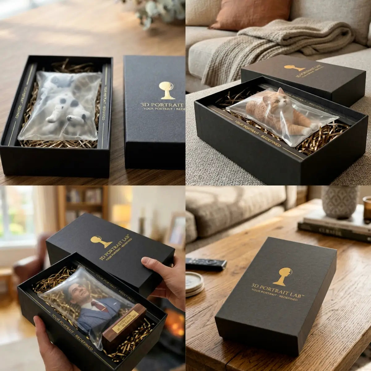 Custom 3D figurine presented in a black gift box with gold branding
