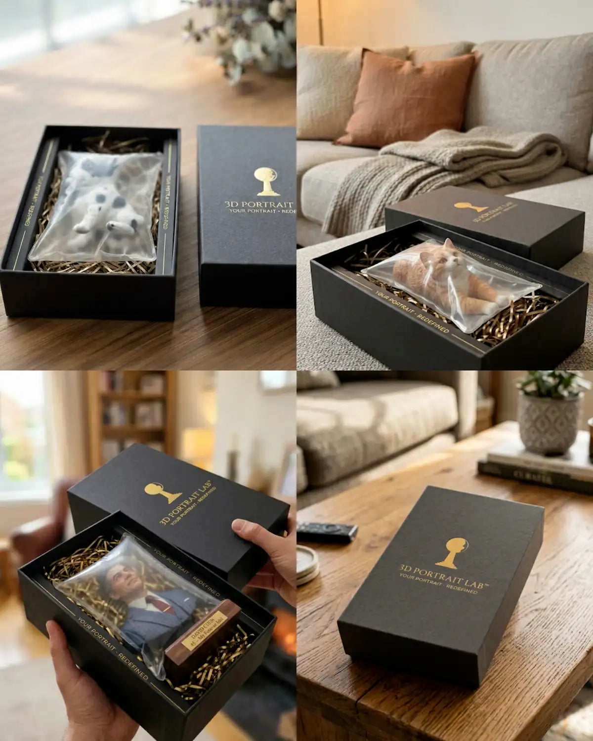 3D Portrait Lab branded gift boxes with custom figurines packaged in tissue paper, shown in a living room setting