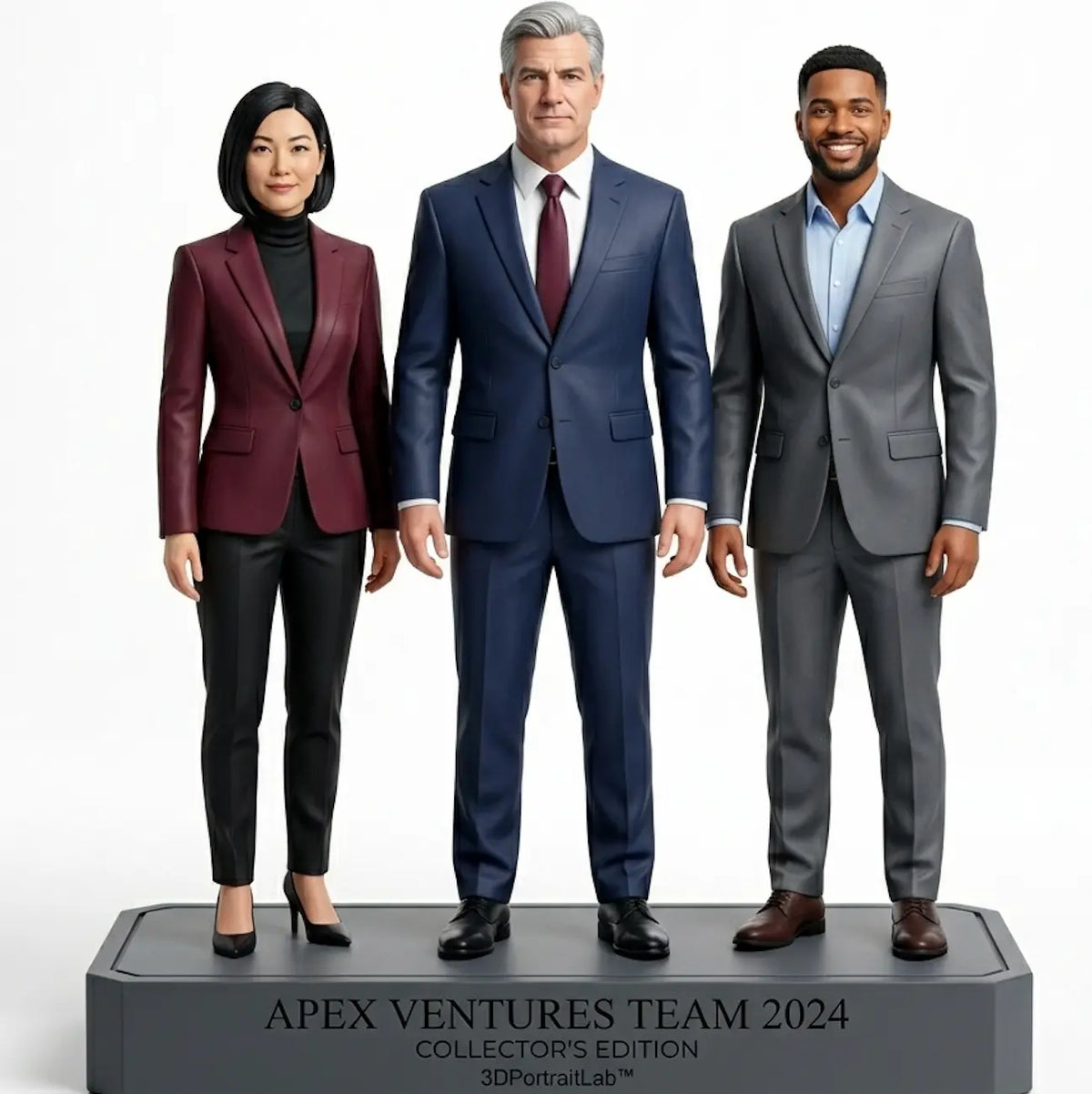 Custom 3D figurines of a three-person team in business attire: a woman in a burgundy blazer and two men in navy and gray suits