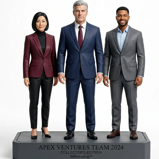 Custom 3D figurines of a three-person team in business attire: a woman in a burgundy blazer and two men in navy and gray suits
