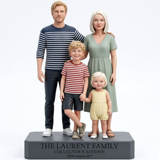 Custom 3D figurine of a family of four: parents with a boy in a red-striped tee and a toddler girl in a yellow romper