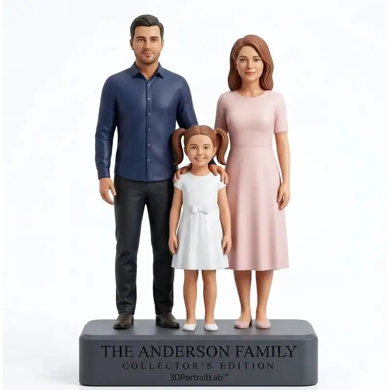 Custom 3D family figurine set of three, Collector's Edition, full-color WJP resin