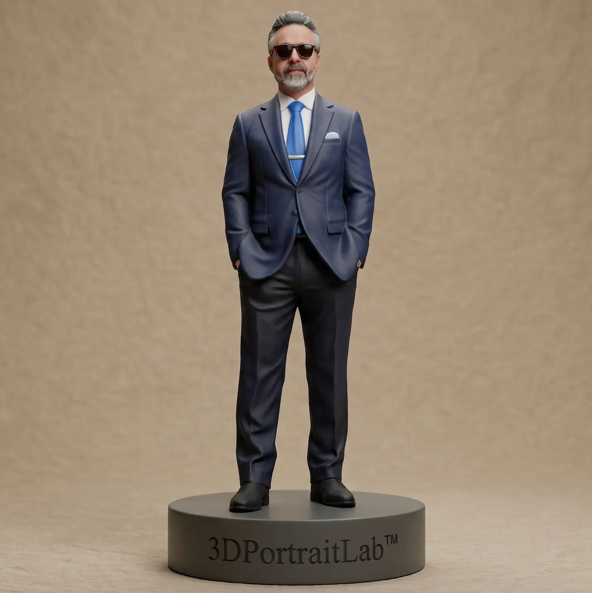 Custom 3D printed full-color figurine of a man in a navy business suit and sunglasses — 3D Portrait Lab