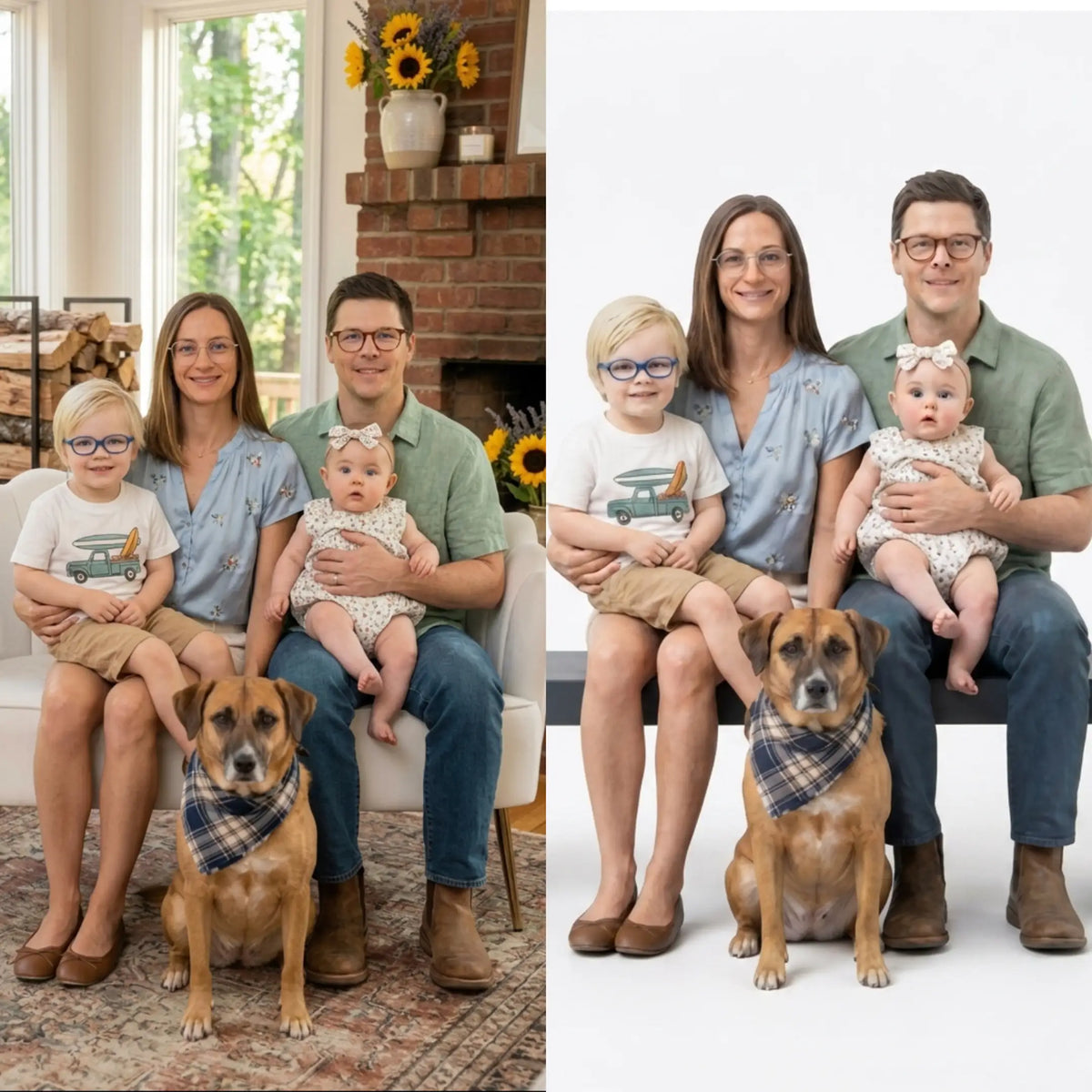 Before and after: photo of a family of four with a dog (left) and their matching full-color 3D figurines (right)