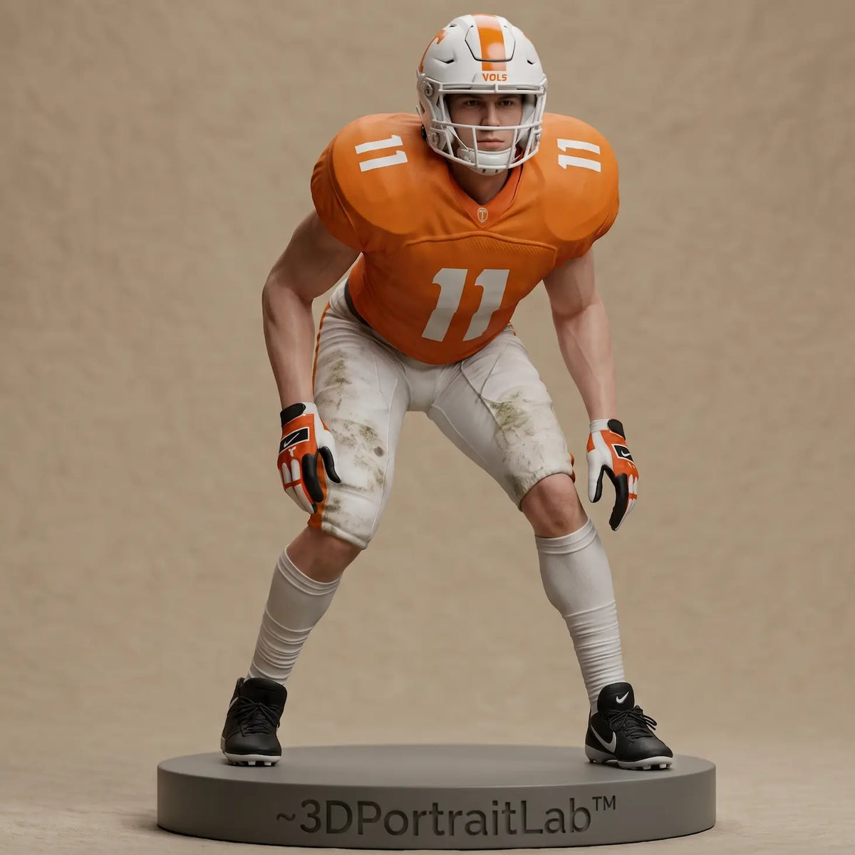 Custom 3D printed full-color figurine of a football player in an orange jersey, athletic pose — 3D Portrait Lab