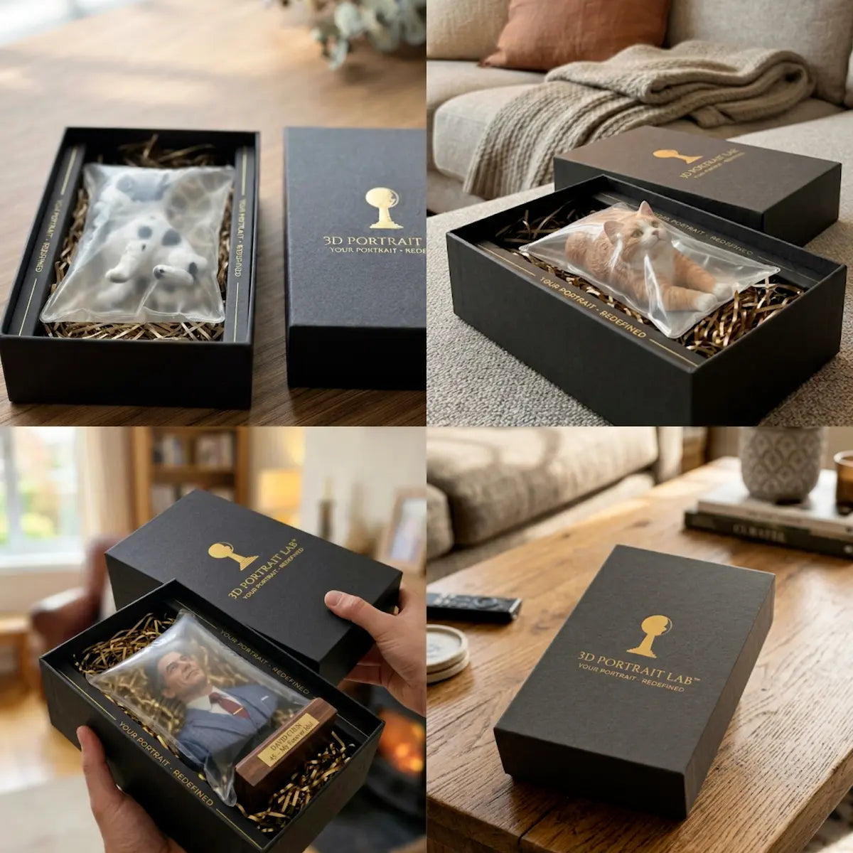 Custom 3D figurines packed in black 3D Portrait Lab gift boxes with gold foil branding — a dog figurine, a cat figurine and a suited portrait figurine, each in a clear protective sleeve