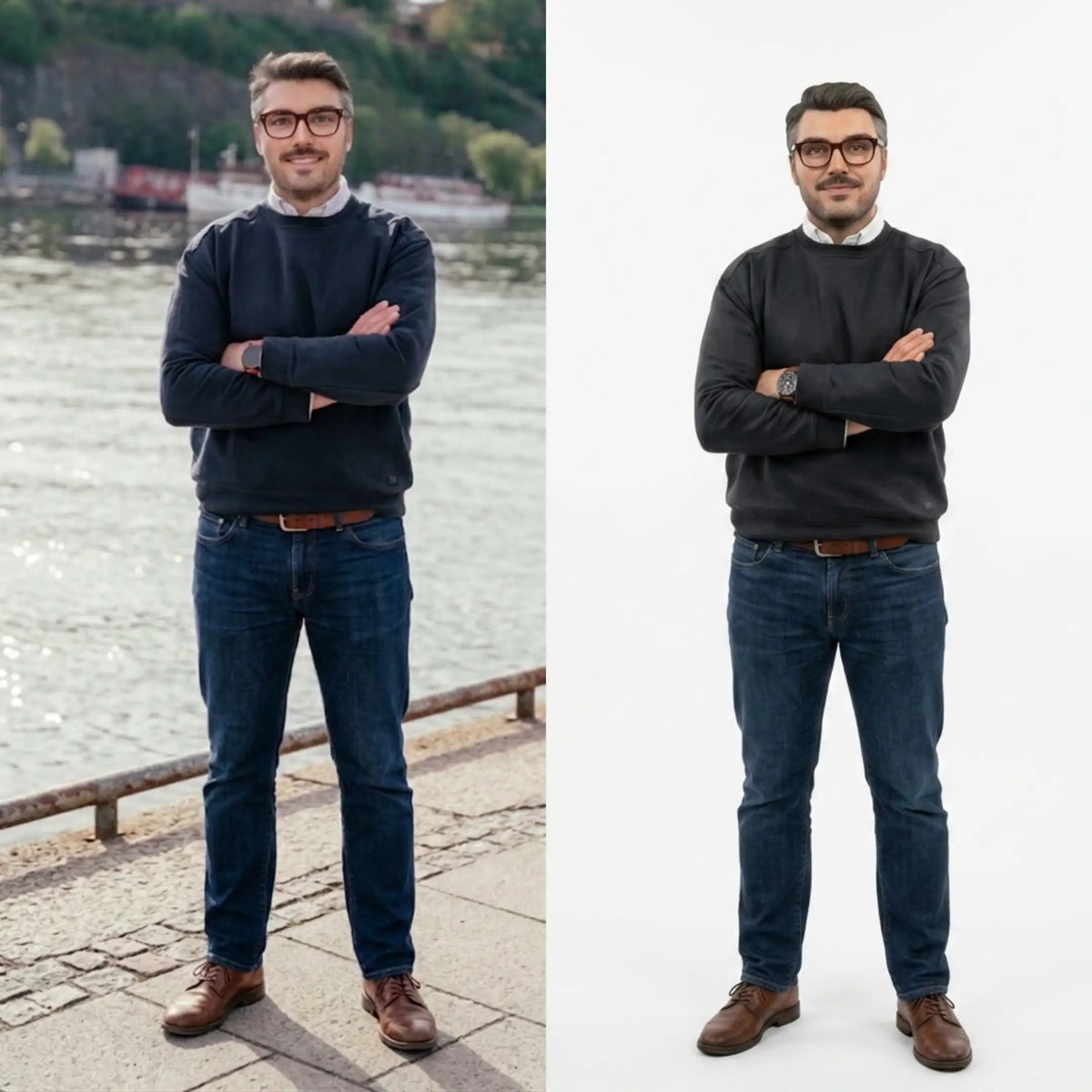 Before and after: photo of a man in glasses and a dark sweater (left) and his matching full-color 3D figurine (right)