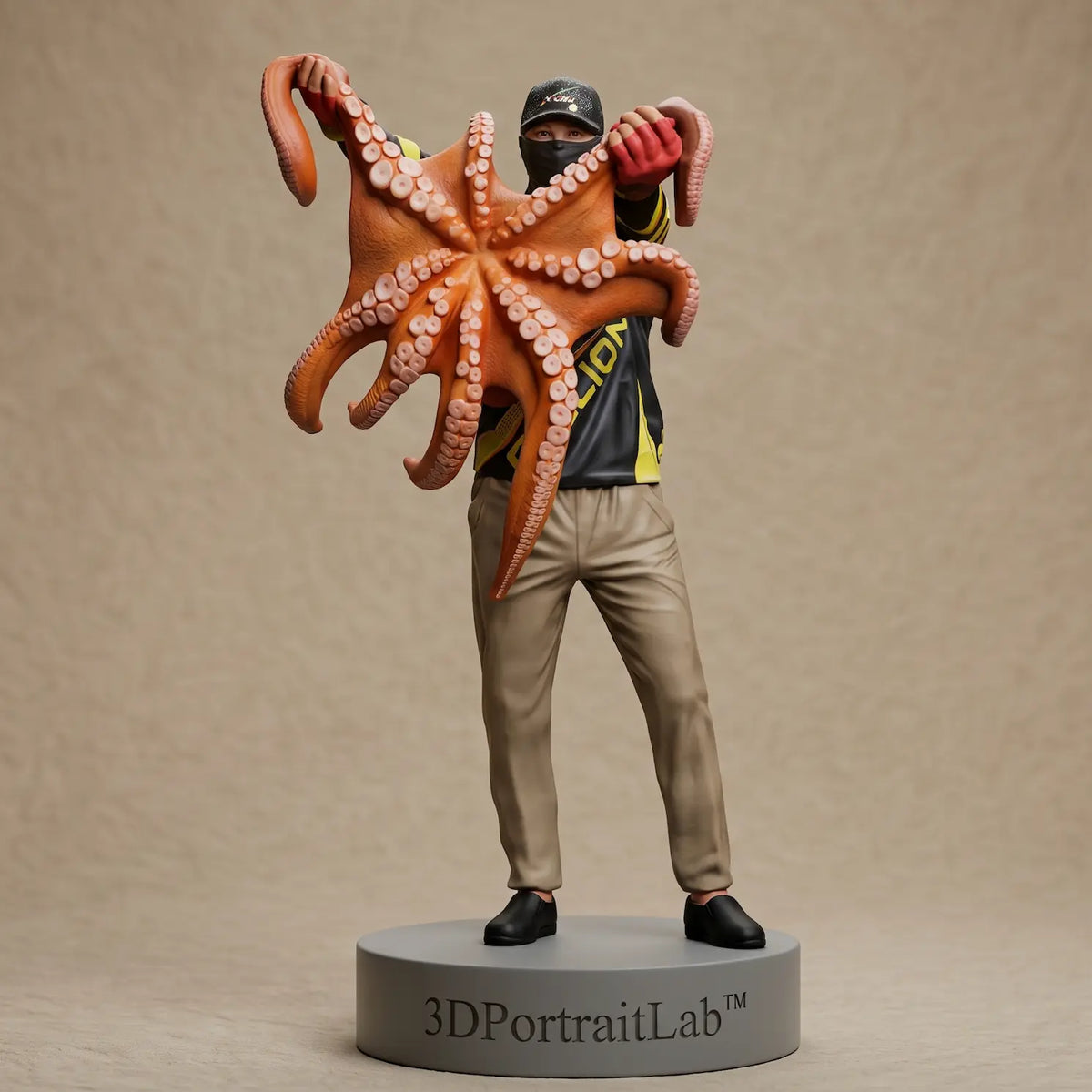 Custom 3D figurine of a man holding a large orange octopus in front of his body, AI concept design — 3D Portrait Lab
