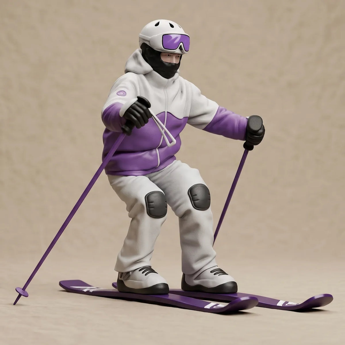 Custom 3D printed full-color figurine of a skier in action pose with skis and poles — 3D Portrait Lab