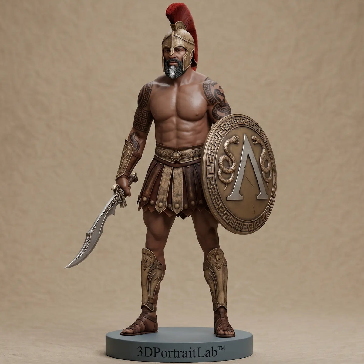 Custom 3D printed full-color figurine of a Spartan warrior with helmet, shield, and sword — 3D Portrait Lab